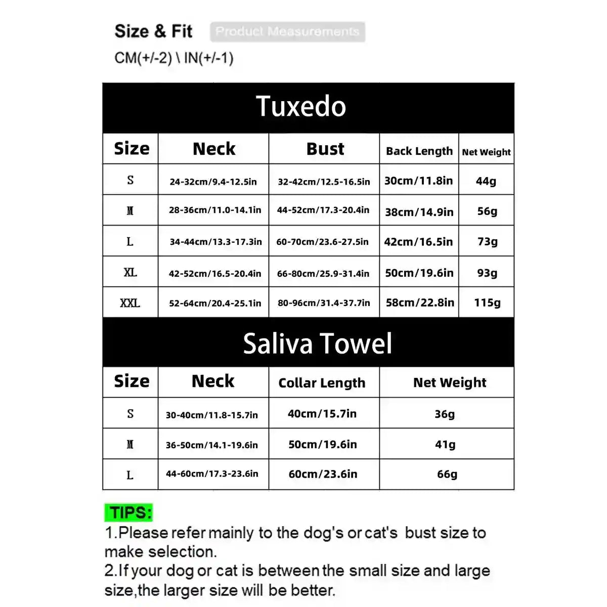 Pet clothing size chart for tuxedos and saliva towels with neck, bust, collar length, and weight in cm/in and grams