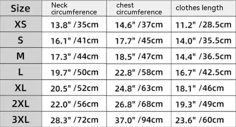 Clothing size chart showing neck, chest circumference, and clothes length for sizes XS to 3XL in inches and centimeters