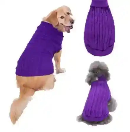 Golden retriever and poodle wearing purple cable knit dog sweaters, plus top view of sweater on white background