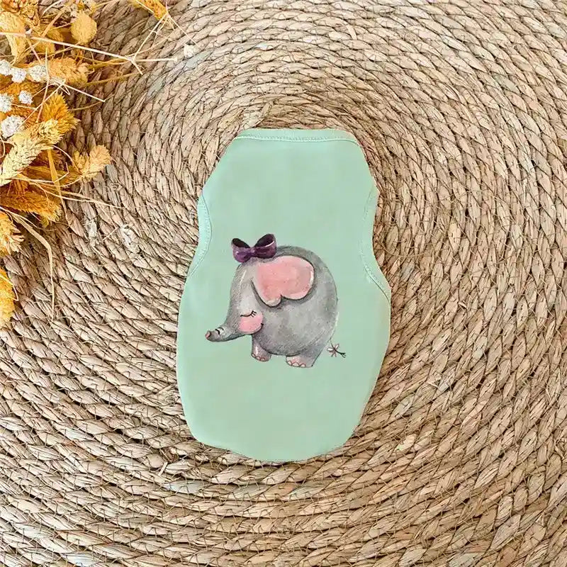 Light green pet clothing with cute elephant print and purple bow on woven round mat