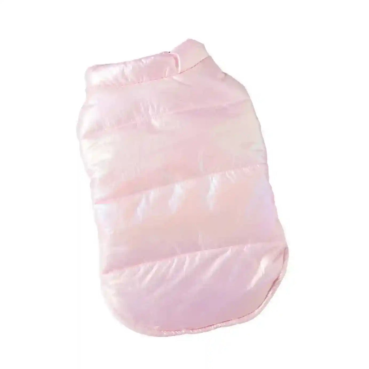 Shiny light pink puffer dog vest with quilted design on white background