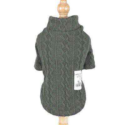 Gray cable-knit turtleneck dog sweater displayed on a wooden mannequin with a tag