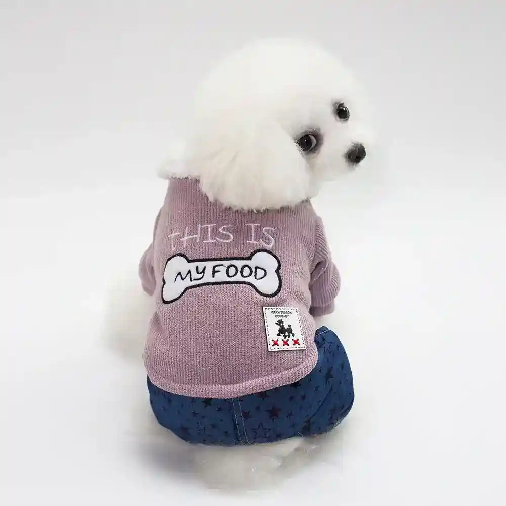 Small white dog wearing a pink sweater with 'This is my food' and blue star-patterned pants