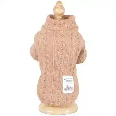 Beige cable knit turtleneck dog sweater on wooden mannequin with white label