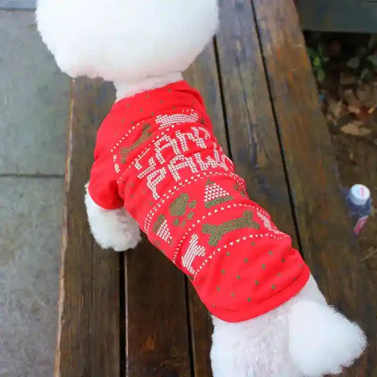 White fluffy dog wearing a red Christmas-themed shirt with dog bones and holiday patterns sitting on a wooden bench