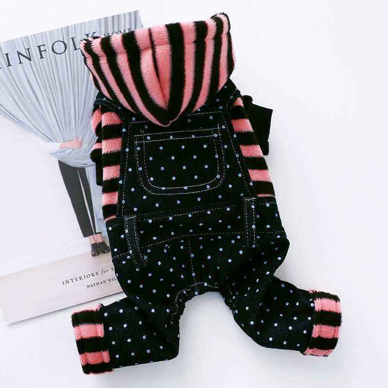 Black dog hoodie with white polka dots and pink-black striped hood and sleeves on white background