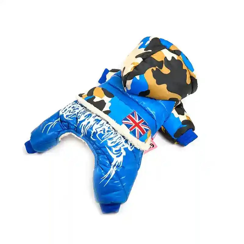 Blue camouflage dog winter jacket with hood and Union Jack patch, warm pet clothing