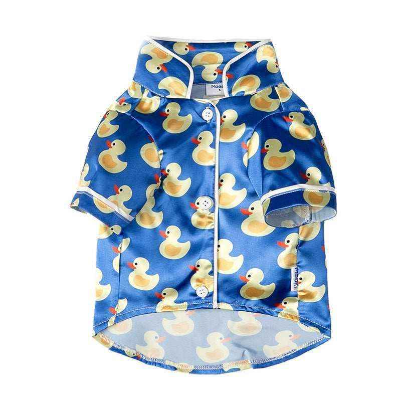 Blue pet shirt with yellow rubber duck print and white piping, button-up collar style