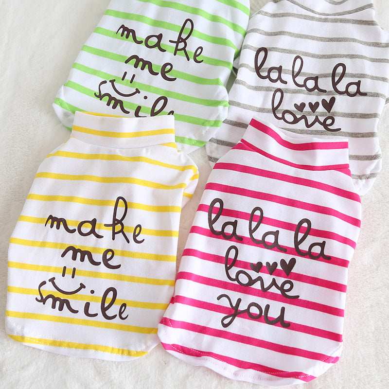 Dog T-shirt: Pure white cotton with colorful stripes "Make me smile"