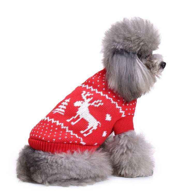 Gray poodle wearing a red Christmas sweater with white reindeer and snowflake patterns on white background