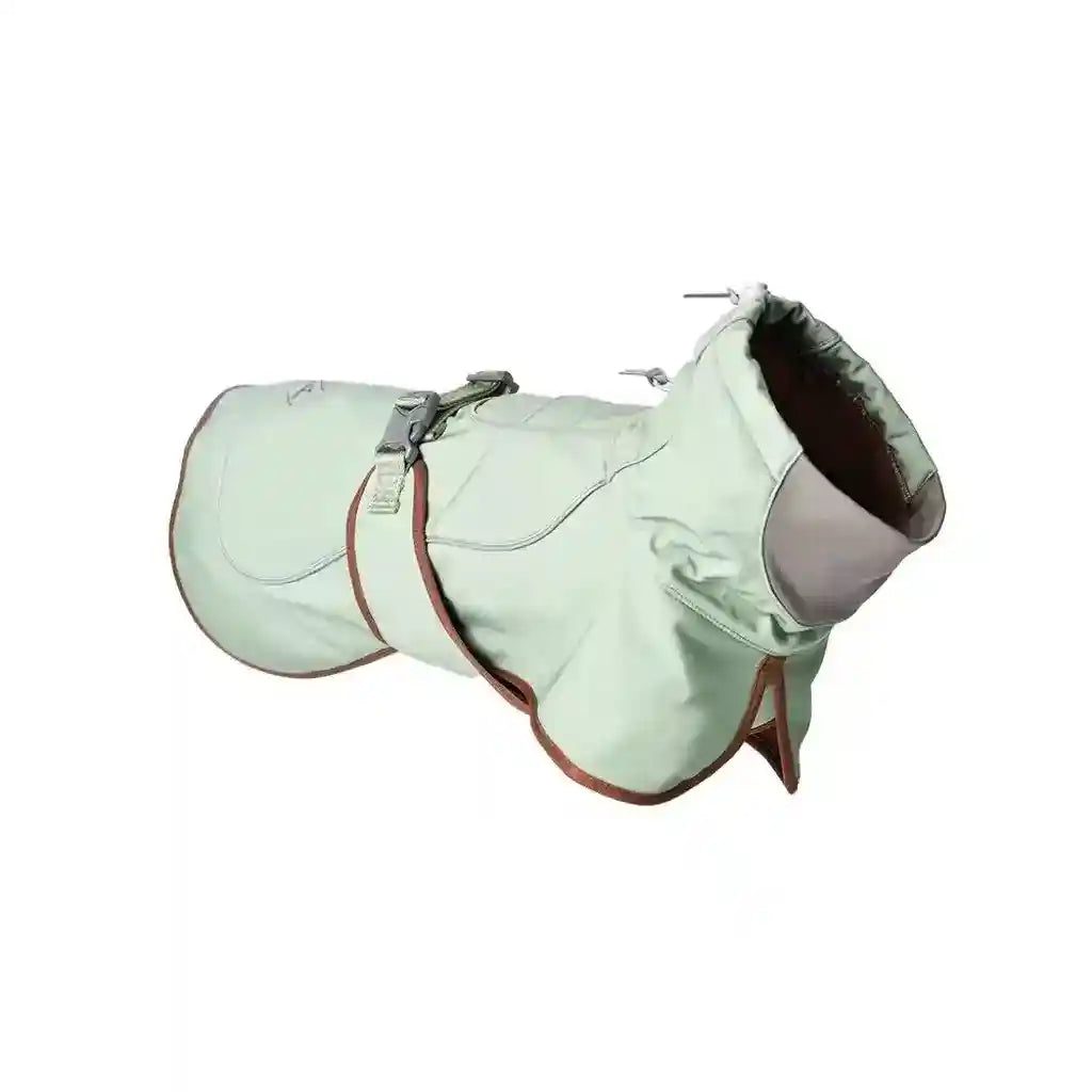 Light green dog raincoat with adjustable straps and brown trim isolated on white
