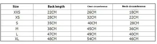 Size chart for pet clothing showing back length, chest, and neck measurements in centimeters from XXS to XL