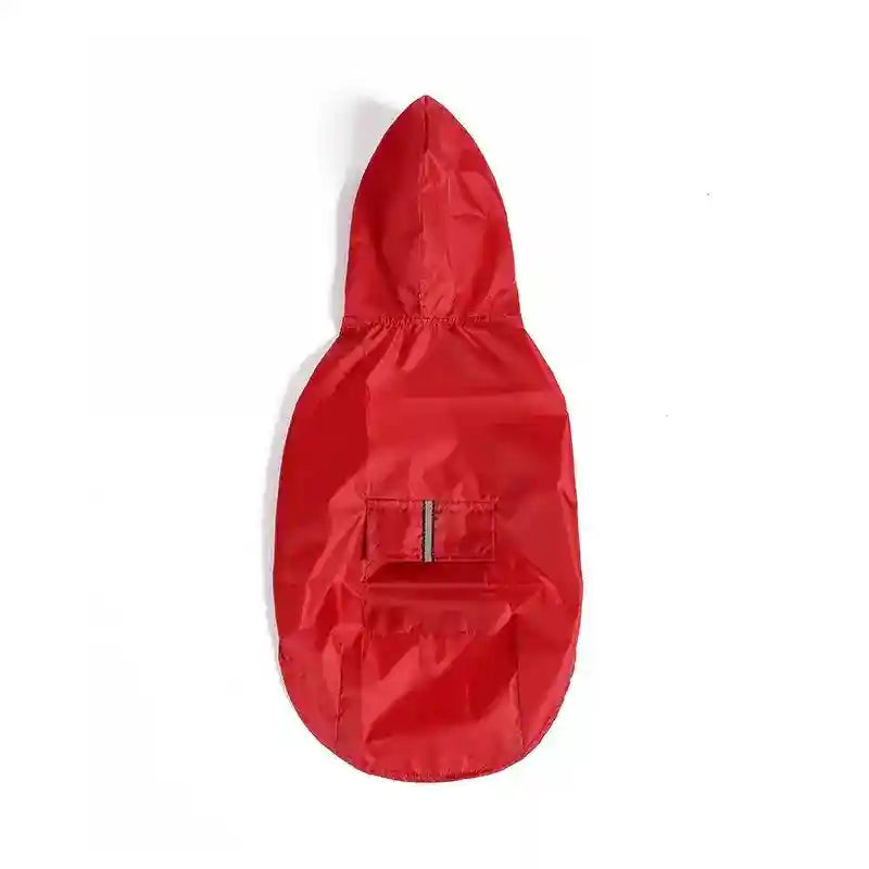 Red waterproof dog raincoat with hood and reflective strip on pocket