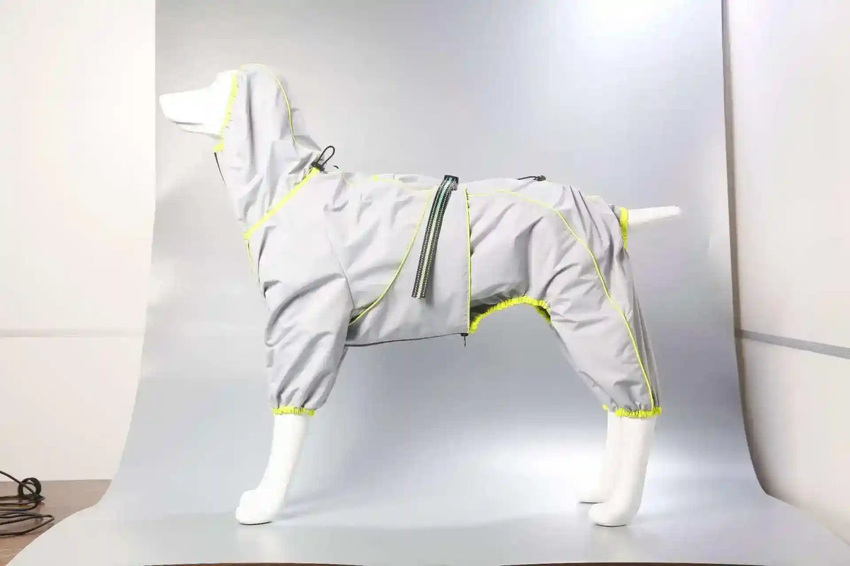Grey waterproof dog raincoat with yellow trim on mannequin in studio
