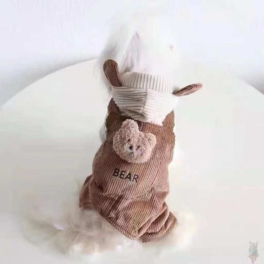 "Bear" Dog Overalls - Warm Fleece with Hood and Teddy Bear