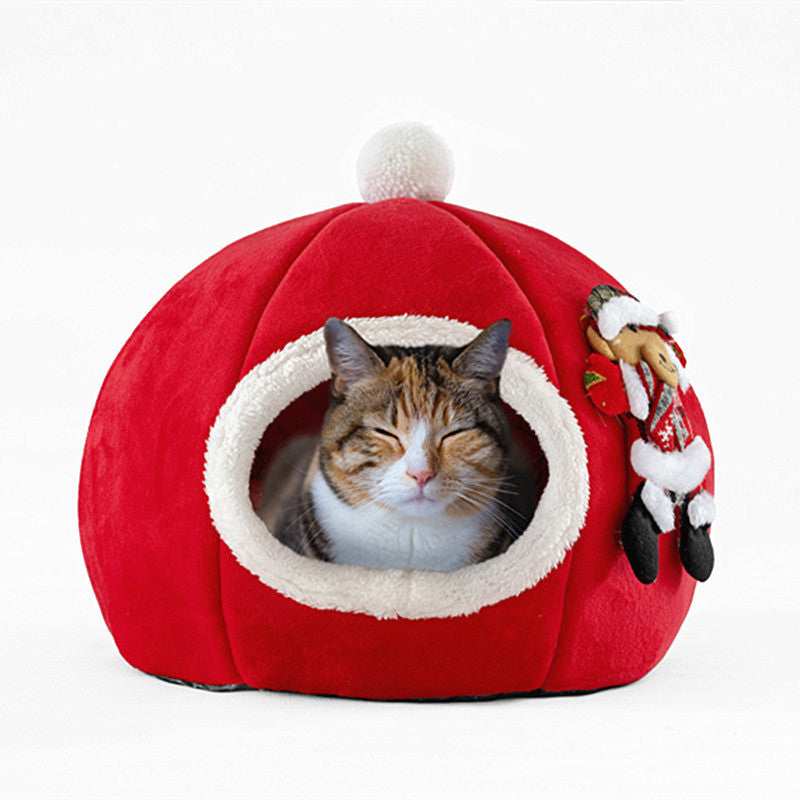 Round Christmas Cat and Dog House with Fleece Entrance and Removable Cushion