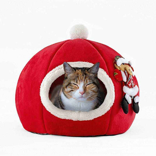 Cuccia Natalizia Tonda per Gatti e Cani con Ingresso in Pile e Cuscino Removibile by Dog Moda