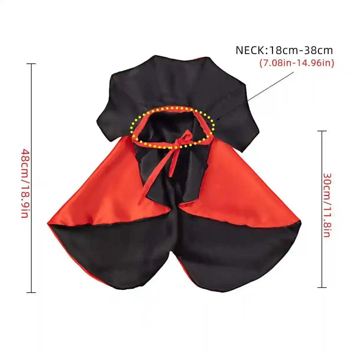 Black and red pet cape with adjustable neck size and length measurements in centimeters and inches