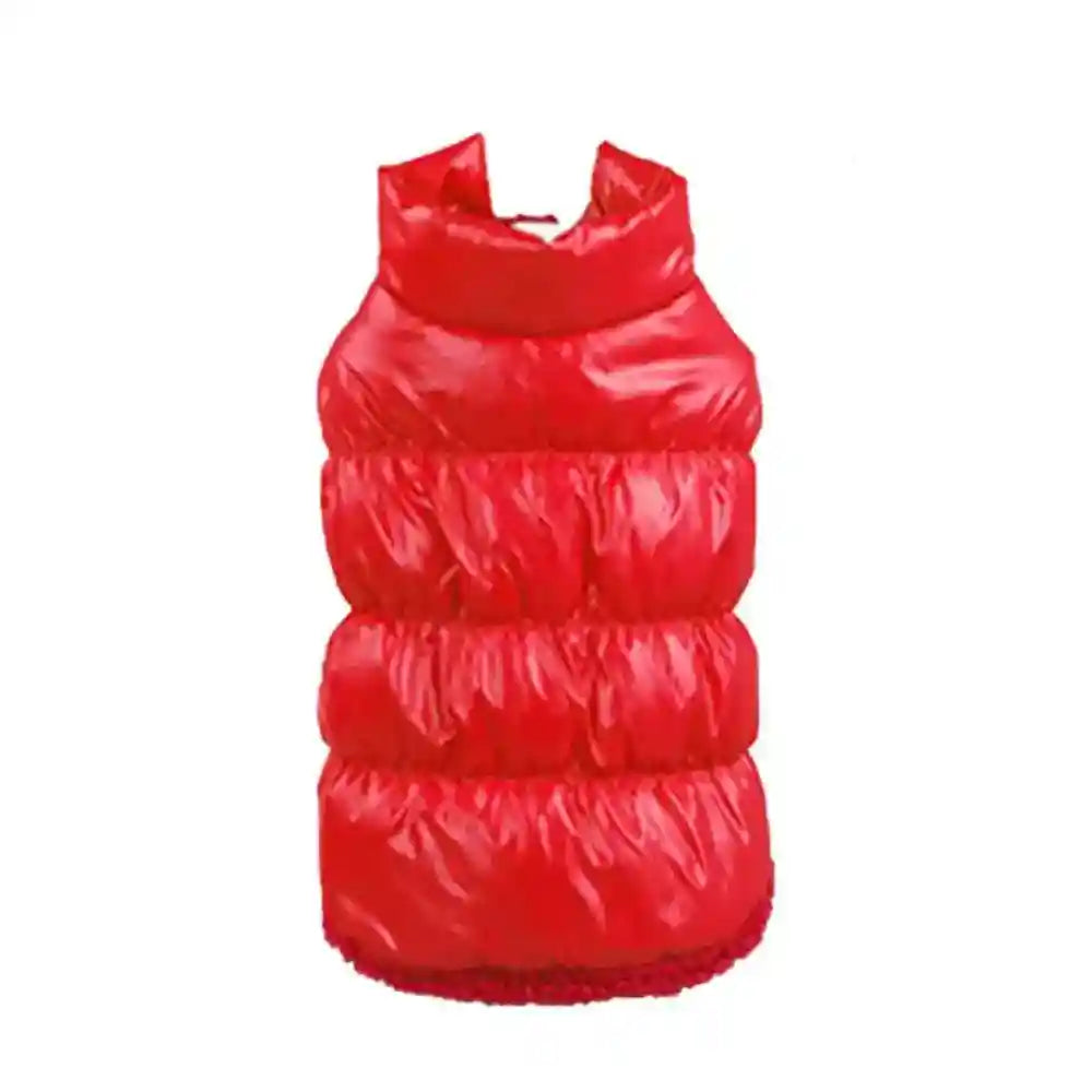 Red sleeveless puffer vest with high collar and shiny quilted fabric