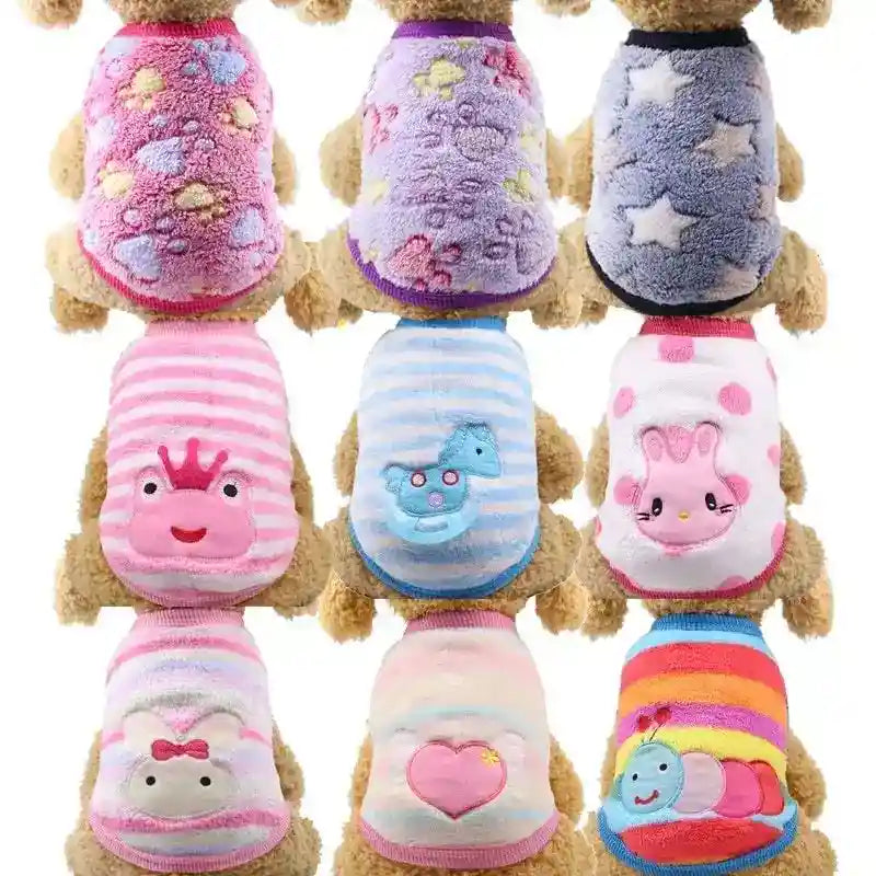 Cute stuffed dogs wearing colorful soft fleece pet sweaters with hearts, stars, animals, and stripes patterns