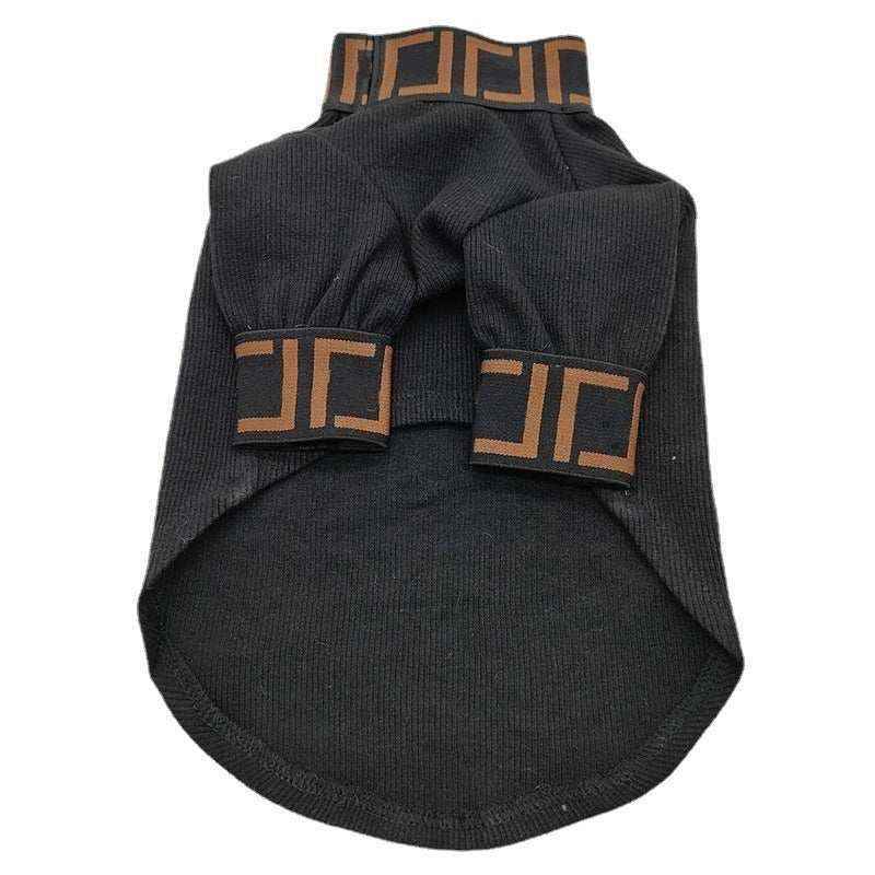 Black ribbed knit dog sweater with brown geometric patterned cuffs and neckline