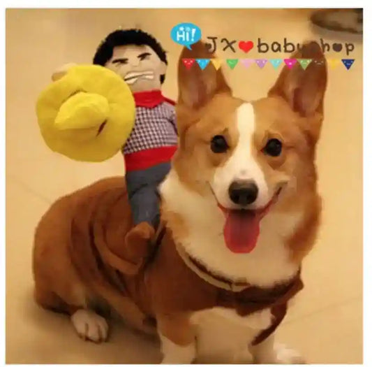 Happy corgi dog wearing cowboy costume with a doll cowboy holding a yellow hat