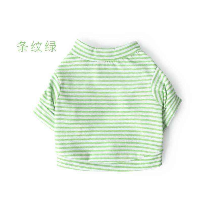Light green and white striped short-sleeve shirt with high collar on white background