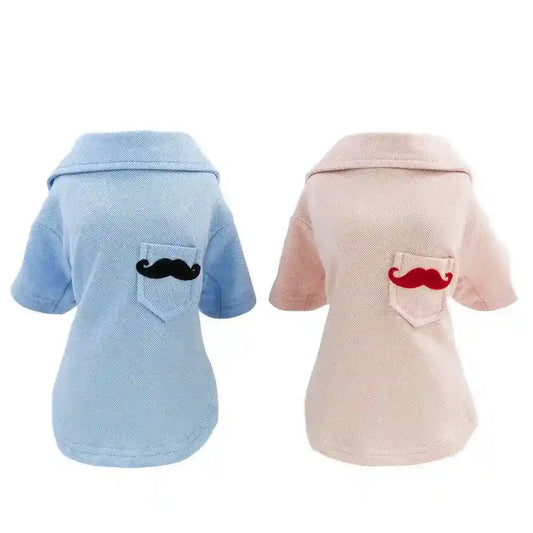Blue and pink dog shirts with collars and pocket mustache designs on white background