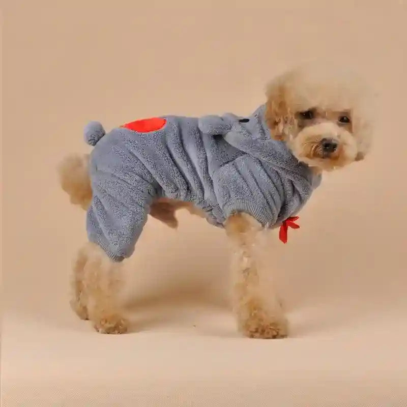 Small curly beige dog wearing a cozy gray fleece onesie with red accents on a beige backdrop
