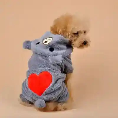 Small curly brown dog wearing gray cozy hoodie with red heart on the back against beige background