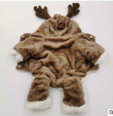 Brown fuzzy children's reindeer costume with antlers and white faux fur trim on sleeves and pant legs