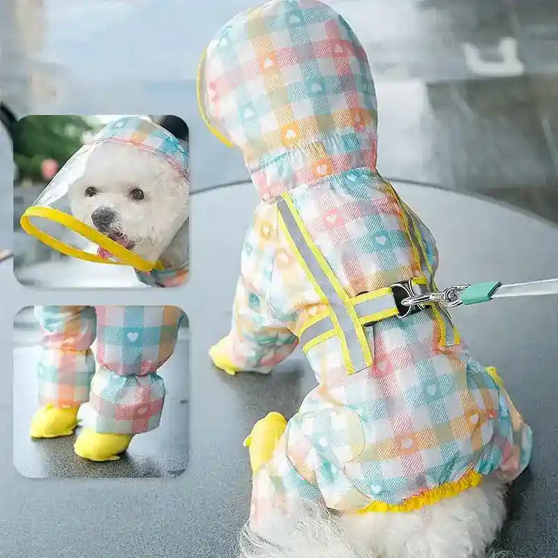 Small white dog wearing pastel plaid waterproof raincoat with hood and yellow booties on wet surface