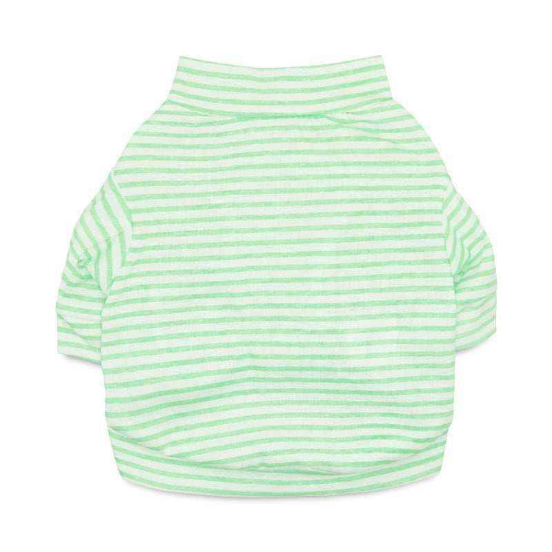 Green and white striped pet sweater with a high collar on a white background