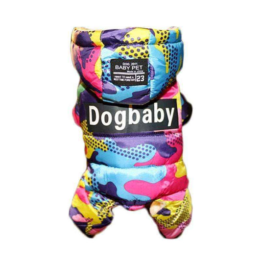 Colorful camo dog winter jacket with hood and Dogbaby text for small pets