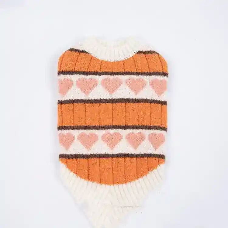 Knitted orange and white dog sweater with pink hearts and brown stripes