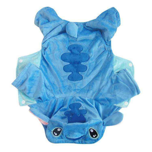 Blue plush dog costume resembling a cartoon character with ears and large eyes