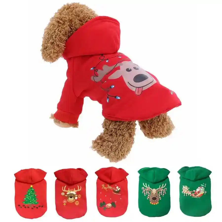 Curly dog wearing red Christmas hoodie with reindeer and light design, plus five festive dog hoodies in red and green