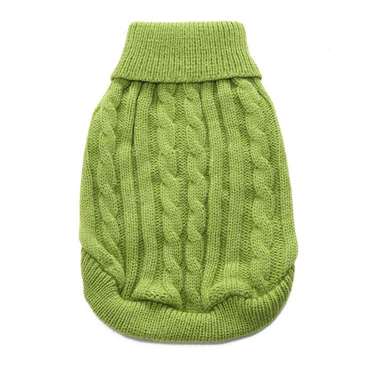 Green cable knit wool dog sweater with turtleneck collar on white background