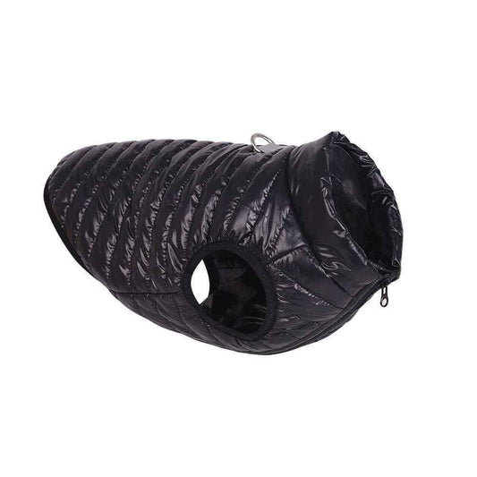 black quilted dog jacket with zipper and leash ring, sleeveless warm pet coat