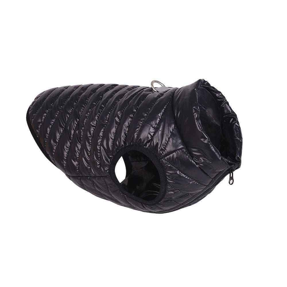black quilted dog jacket with zipper and leash ring, sleeveless warm pet coat