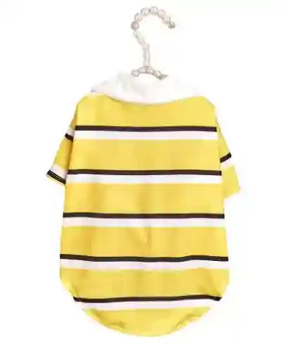Yellow and white striped short sleeve dog shirt with white collar on pearl hanger