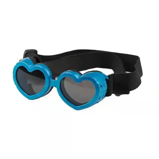 Blue heart-shaped protective goggles with adjustable black strap on white background