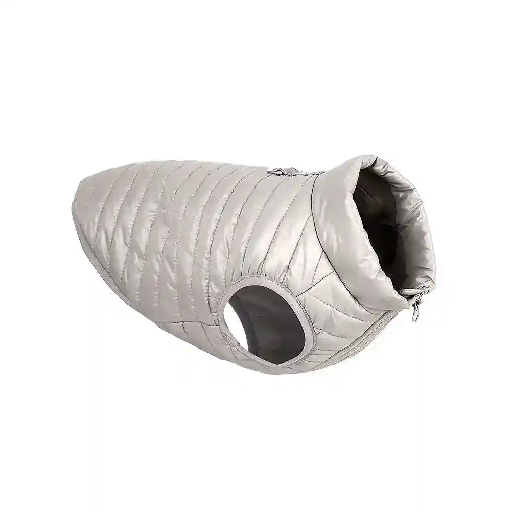 Silver quilted dog jacket with armholes and zippered collar for pets