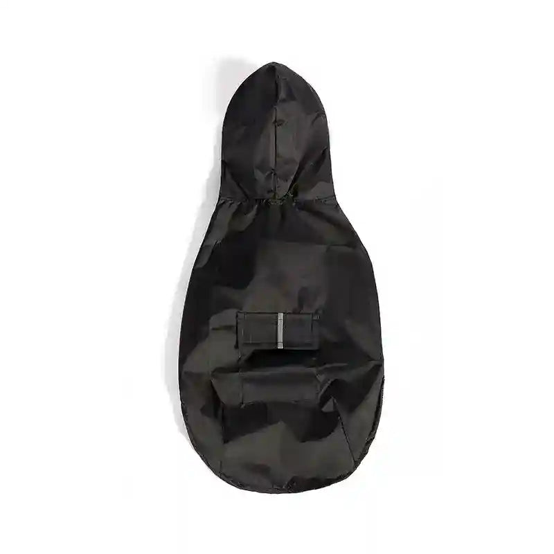 Black waterproof dog raincoat with hood and reflective strip pocket on white background