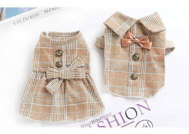 Matching brown plaid pet dress and shirt outfits with buttons and bow ties on white background