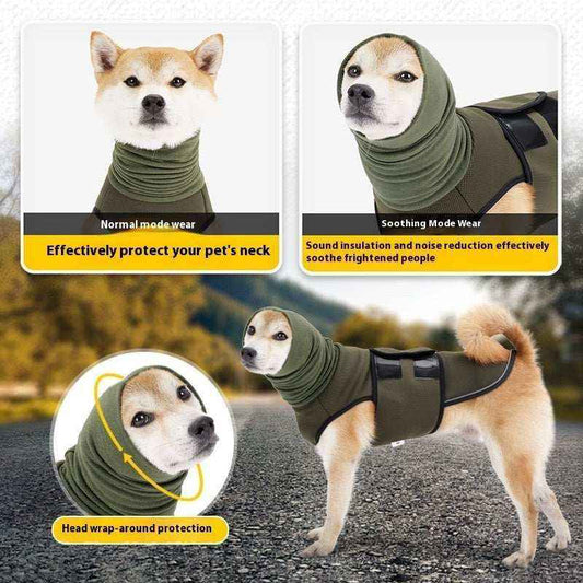 Shiba Inu dog wearing green protective pet neck and head wrap garment for sound insulation and neck protection