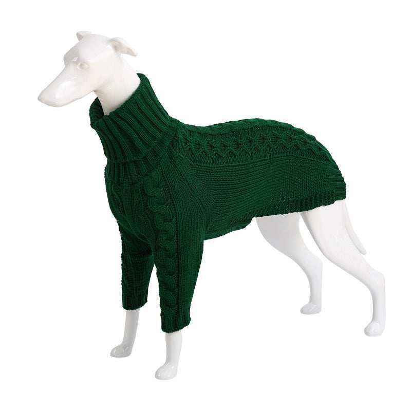 White dog mannequin wearing a dark green cable knit turtleneck dog sweater