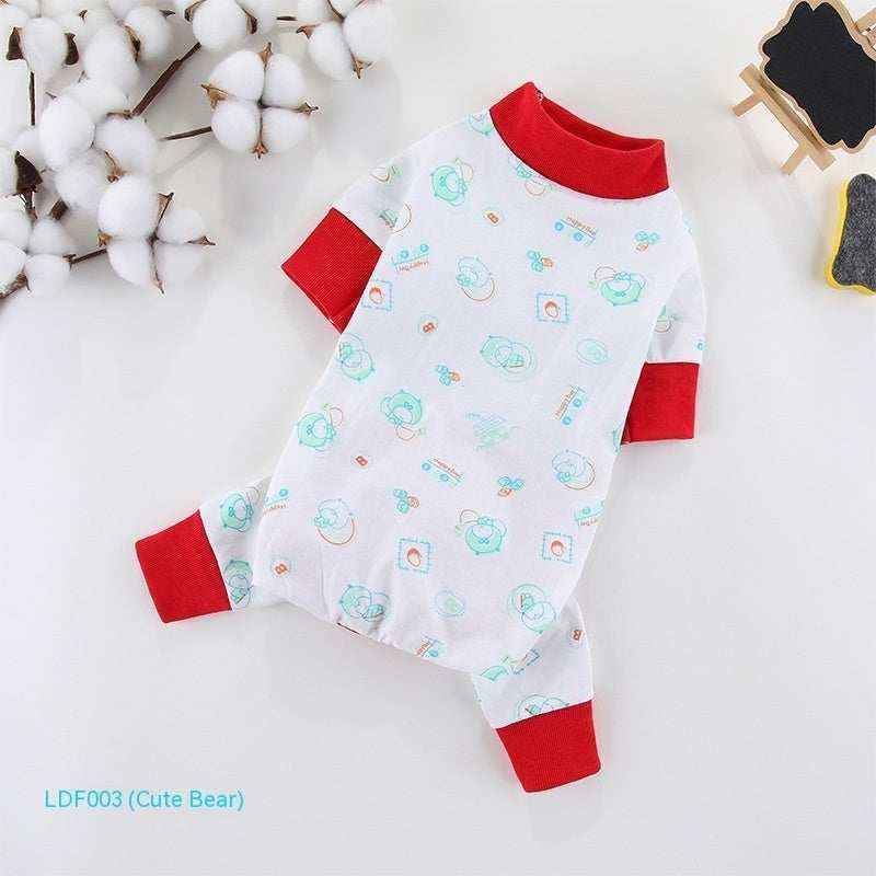Cute white pet onesie with red cuffs and collar featuring blue bear and baby prints