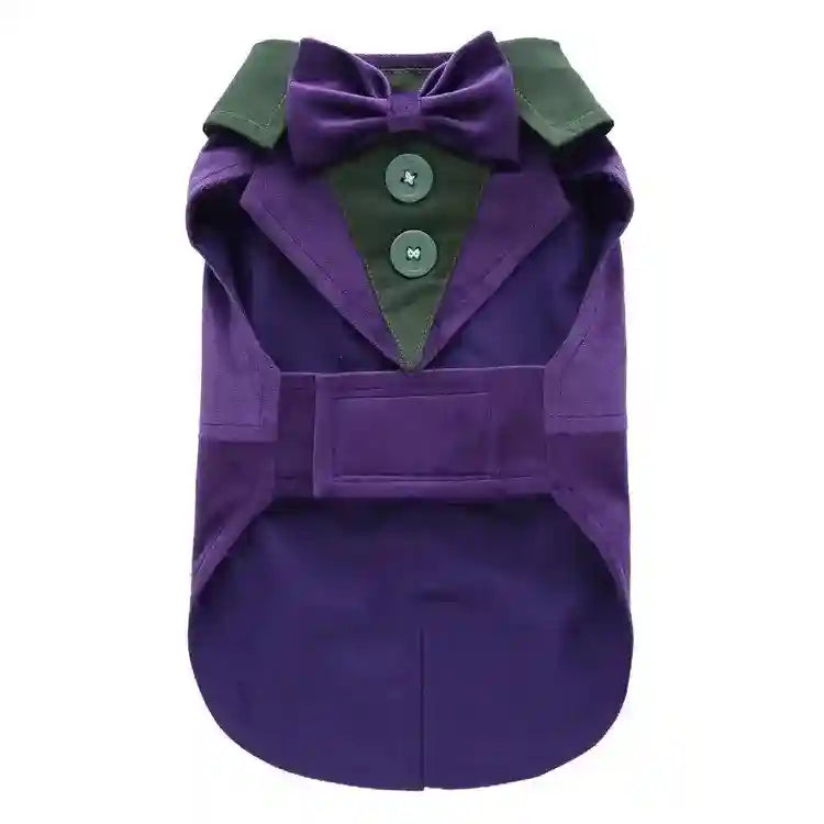 Purple and green dog tuxedo costume with bow tie and buttons on white background