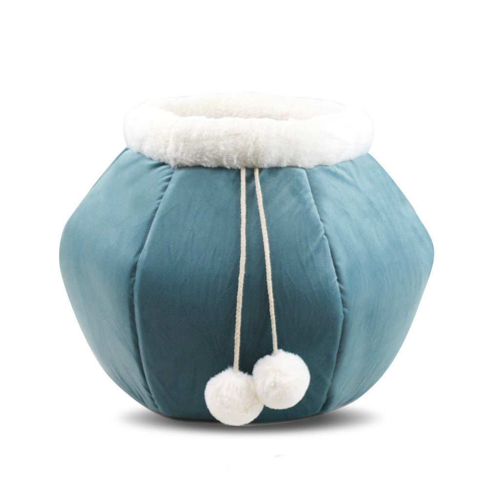 Hexagonal "Sleeping Bag" Cat Bed with Drawstring and Pom Poms